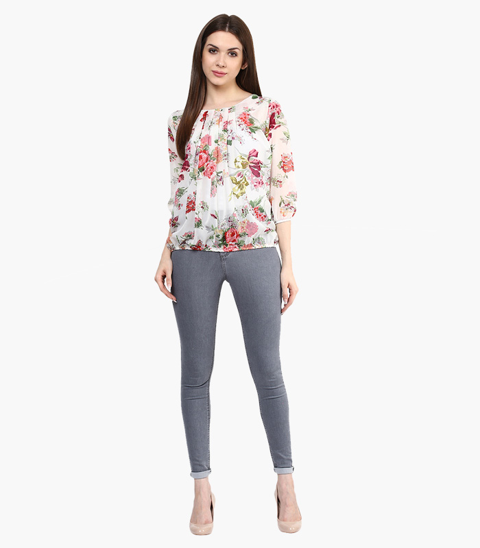 Women Off White Printed Blouson Top