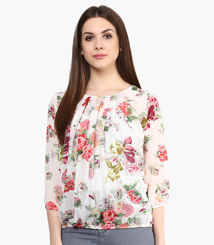 Women Off White Printed Blouson Top